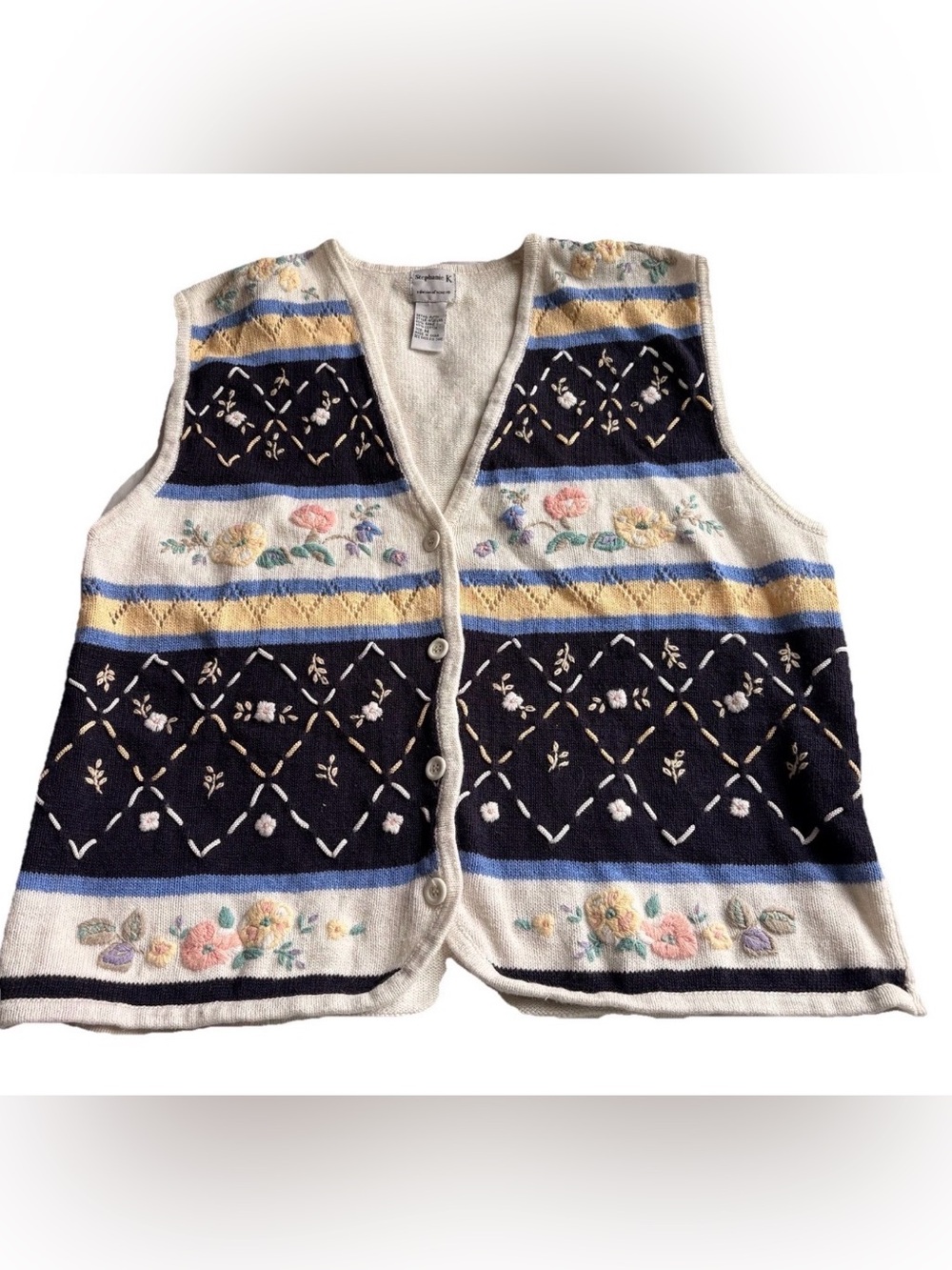 Vintage Stephanie K Women’s Sweater Vest M Embroidered Floral Folk Cottagecore